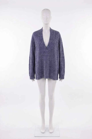 Sweter damski dzianinowy V-neck - Niebiesk   23% moher