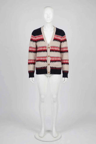 Sweter rozpinany wzorzysty - Granatowo-beżowy  100% wełna