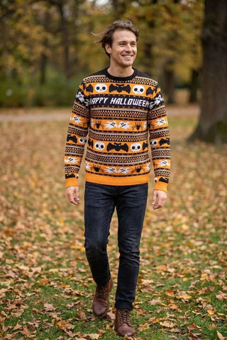 Sweter Halloweenowy Wzorzysty - Pomarańczowo-Czarny