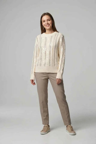 Sweter damski dzianinowy z cekinami - Kremowy
