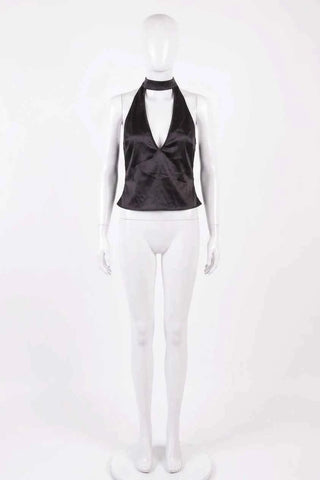 Halter Top Damski Satynowy Gładki - Czarny