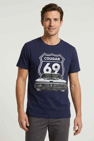 T-shirt bawełniany z nadrukiem Cougar 69 - Granatowy