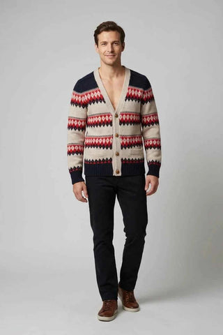 Sweter rozpinany wzorzysty - Granatowo-beżowy  100% wełna