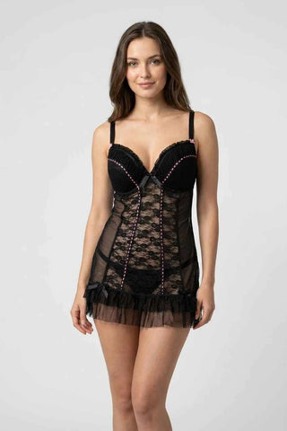 Koszulka nocna koronkowa babydoll - Czarna