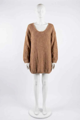Sweter Oversize  Damski z Dekoltem U - Brązowy