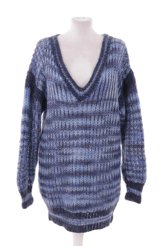 Sweter  w paski z dekoltem V - Niebieski