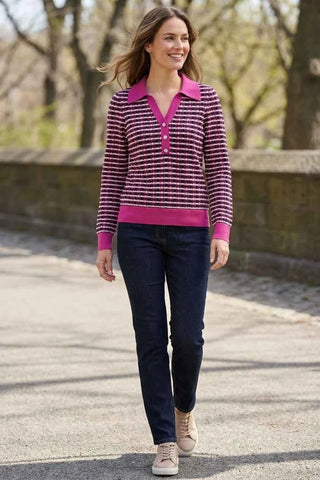 Sweter polo w geometryczny wzór - Różowy