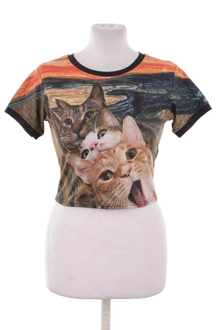 Koszulka crop top z motywem kotów - Pomarańczowa
