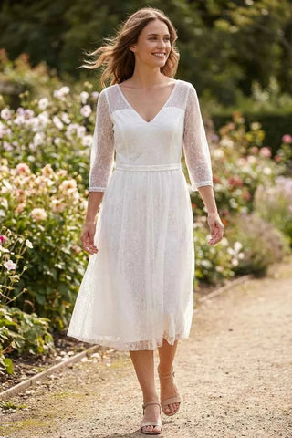 Sukienka Koronkowa V-neck  - Biała