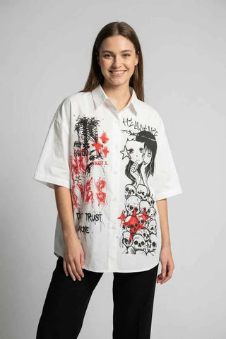 Koszula oversize grafika anime skulls - Biała