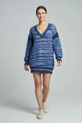Sweter  w paski z dekoltem V - Niebieski