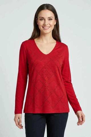 Bluzka damska V-neck z dżetami - Czerwona