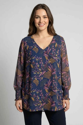 Bluzka- tunika Kwiatowa V-neck Długi Rękaw - Granatowa