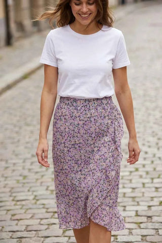 Spódnica midi w kwiaty z falbaną - fioletowa