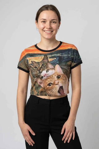 Koszulka crop top z motywem kotów - Pomarańczowa