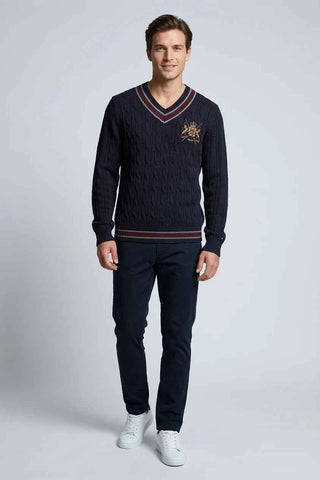 Sweter Warkoczowy Dekolt V Tommy Hilfiger - Granatowy  100% wełna