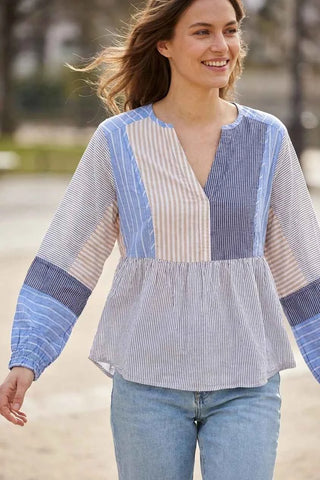 Bluzka damska w paski patchwork - Niebieska