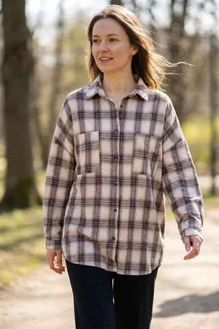 Koszula damska oversize w kratkę - Beżowa