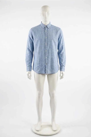 Koszula męska button-down z lnu - Niebieska  45% len