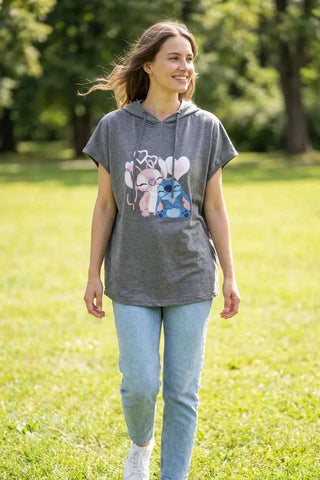 Bluza Damska Krótki Rękaw Nadruk Stitch & Angel - Szara