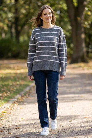 Sweter damski oversize w paski - Szary  8% wełna