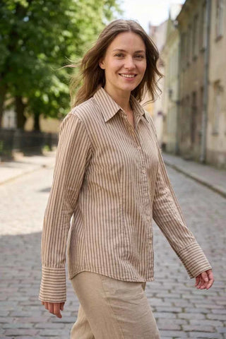 Koszula damska bawełniana w paski - Beżowa