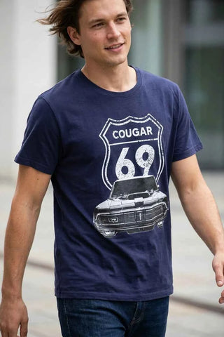 T-shirt bawełniany z nadrukiem Cougar 69 - Granatowy