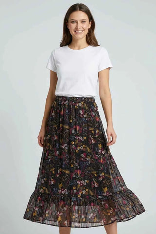 Spódnica maxi plisowana w kwiaty - czarna