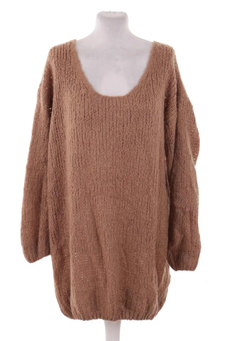 Sweter Oversize  Damski z Dekoltem U - Brązowy