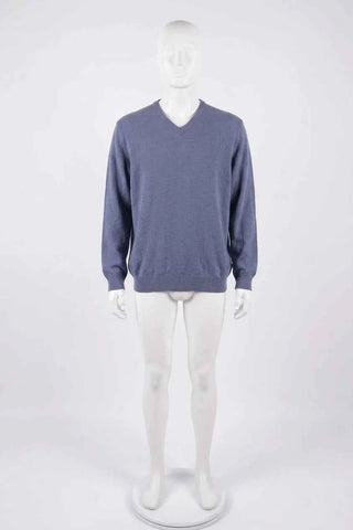 Sweter męski gładki dekolt V - Niebieski  15% wełna