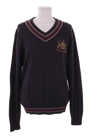 Sweter Warkoczowy Dekolt V Tommy Hilfiger - Granatowy  100% wełna