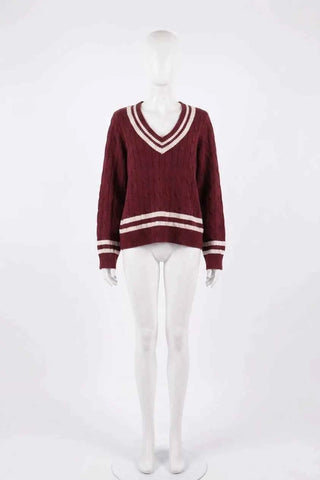 Sweter w serek warkoczowy w paski - Bordowy