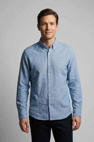 Koszula męska button-down z lnu - Niebieska  45% len