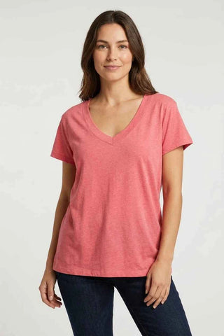 T-shirt bawełniany z dekoltem V - Różowy