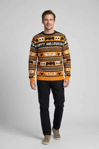 Sweter Halloweenowy Wzorzysty - Pomarańczowo-Czarny