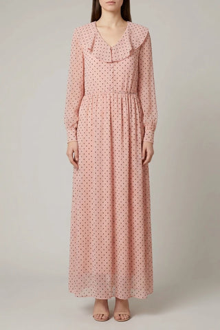 Rozowa Sukienka Maxi w Kropki z Szerokim Kolnierzem