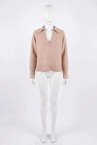 Sweter damski z kołnierzykiem V-neck - Beżowy  30% wełna 15% lama