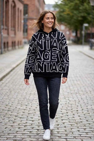 Bluza z kapturem dzianinowa wzór Vintage - Czarna