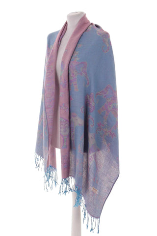 Dwustronna Wzór Słonie PASHMINA - Niebieski/Róż  100% kaszmir