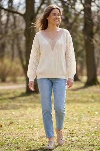 Sweter damski  V-neck - Kremowy
