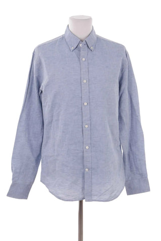 Koszula męska button-down z lnu - Niebieska  45% len