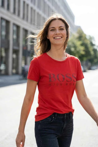 T-shirt bawełniany BOSS - Czerwony