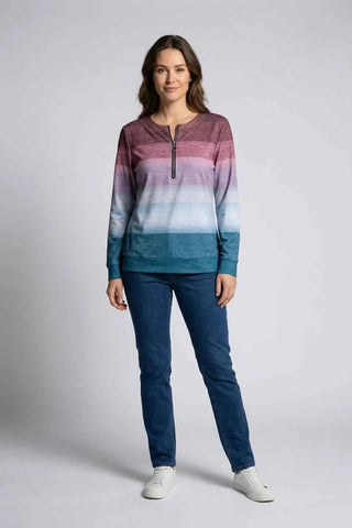 Bluza damska z zamkiem w paski - Wielokolorowa