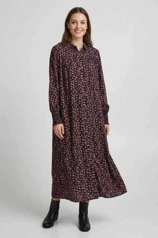 Sukienka koszulowa maxi w kwiaty - Czarna
