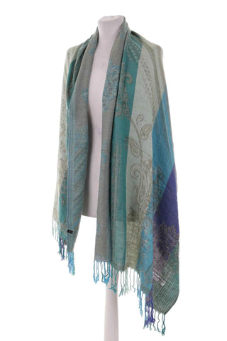 Szal we wzorek - Niebiesko-zielono-szary   100% pashmina