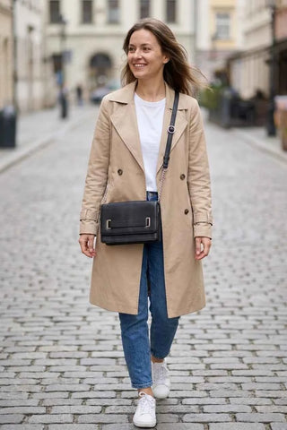 Torebka crossbody skórzana z klapą - Czarna  100% skóra