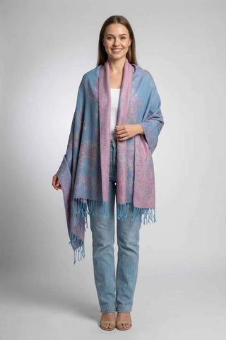 Dwustronna Wzór Słonie PASHMINA - Niebieski/Róż  100% kaszmir