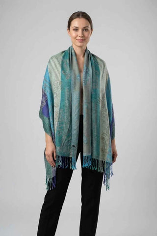 Szal we wzorek - Niebiesko-zielono-szary   100% pashmina