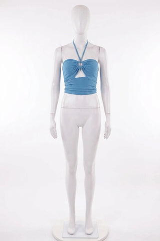 Niebieski Prążkowany Top Halter z Wiązaniem