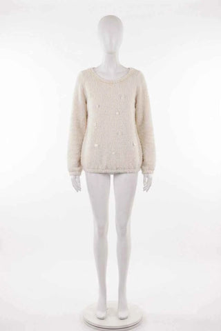 Sweter Boucle z perłami i cekinami - Kremowy